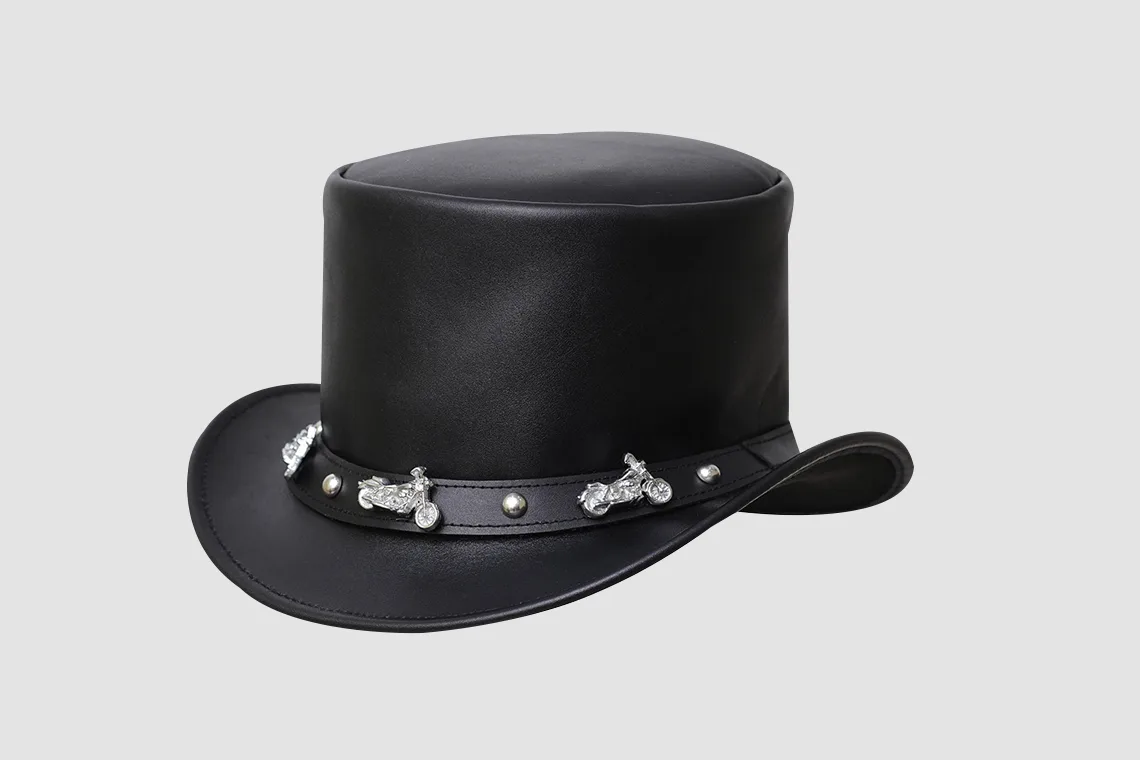 Motorcycle Band Black Leather Top Hat – Biker Outlaw Style - Image 2