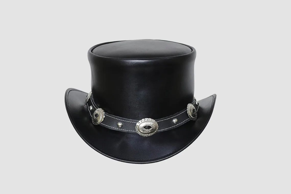 El Dorado Black Leather Top Hat With Concho Band, TH112B