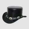 Black leather top hat with silver concho band and metal stud accents
