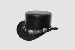 Black leather top hat with silver concho band and metal stud accents