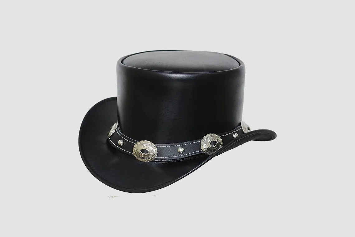 Black leather top hat with silver concho band and metal stud accents