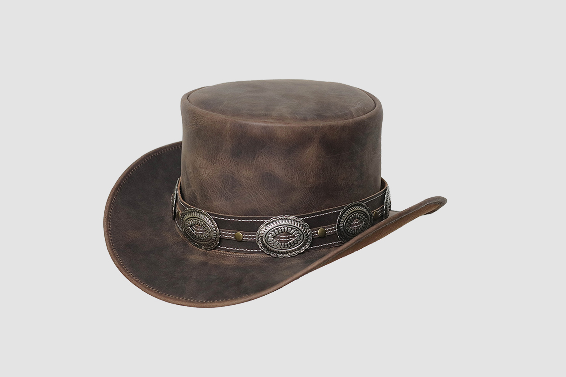El Dorado Tan Brown Leather Top Hat With Concho Band, TH112D