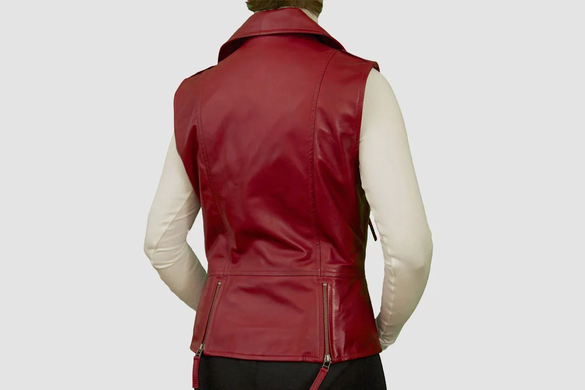 Women's Red Leather Biker Vest