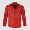 Men's crimson frontier fringe suede leather jacket with beaded shoulder accents front and back view