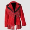 Women Western Cowgirl Red Black Suede Jacket With Fringes | WSJ115C
