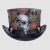 Leather top hat with skull and rose artwork and decorative skull accents on the band