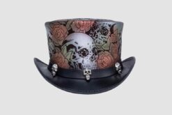 Printed Skulls And Roses Leather Top Hat