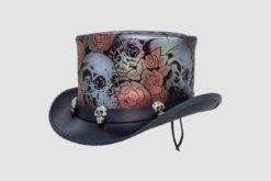 Alternative view of Printed Skulls And Roses Leather Top Hat | THBH3