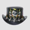 Black leather top hat with flaming skull artwork and skull chain band detail