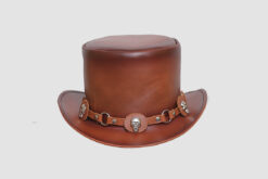 El Dorado Brown Leather Top Hat With Skull Band, TH112B
