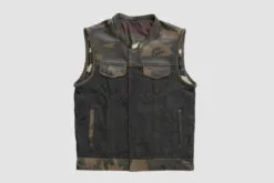 Men’s black denim vest with woodland camo leather panels and four pockets