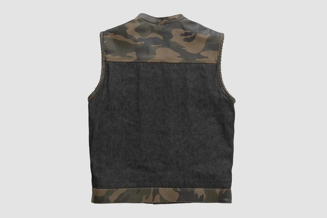 Men’s Black Denim Vest with Woodland Camo Leather Panels - Image 2