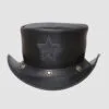 Black leather top hat with embossed star design and star concho hatband