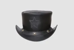 Black leather top hat with embossed star design and star concho hatband