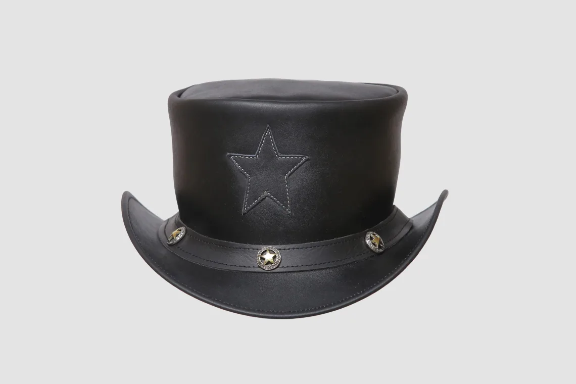 Black leather top hat with embossed star design and star concho hatband