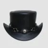 Black leather top hat with concho and chain hatband in Western outlaw style