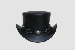 Black leather top hat with concho and chain hatband in Western outlaw style