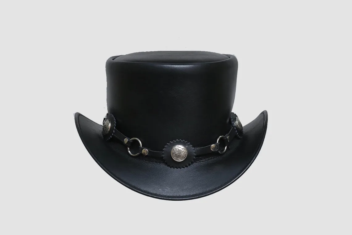 Black leather top hat with concho and chain hatband in Western outlaw style