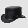 Black leather top hat with decorative lock band and Victorian steampunk styling