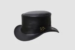 Black leather top hat with decorative lock band and Victorian steampunk styling
