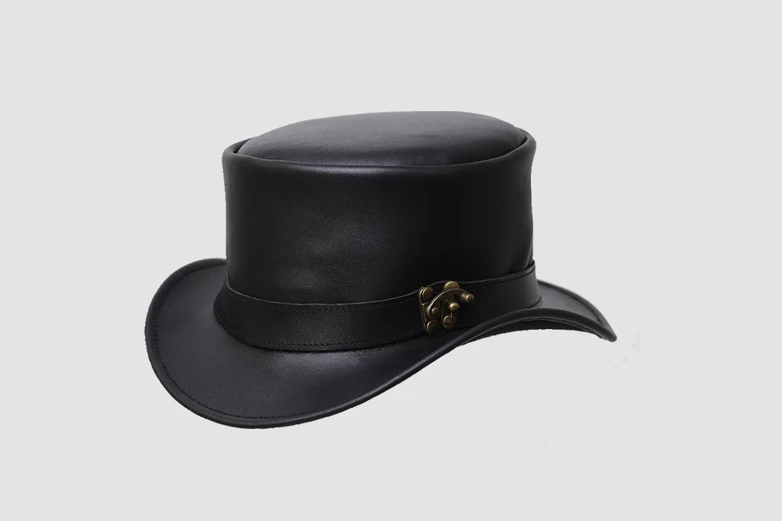 Black leather top hat with decorative lock band and Victorian steampunk styling