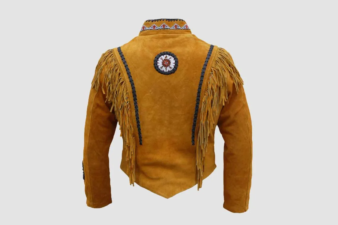 Men's Sunrise Trail Fringe Suede Leather Jacket with Bone Accents - Image 2