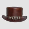 Brown leather top hat with five skull accents on the hatband
