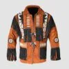 Men's rust brown suede eagle beaded jacket with black fringes and decorative bone accents