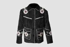 Men's midnight mesa fringe suede leather jacket with whipstitch trim and rosette appliqués