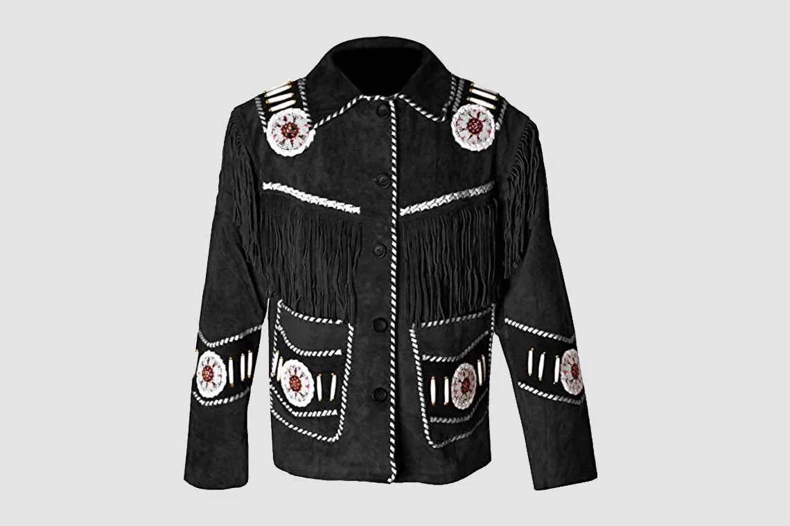 Men's midnight mesa fringe suede leather jacket with whipstitch trim and rosette appliqués