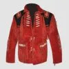 Men's crimson warrior fringe suede leather jacket with bone accents and black shoulder yoke front and back