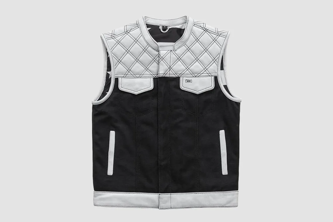 Men’s white and black leather vest with contrast diamond stitching