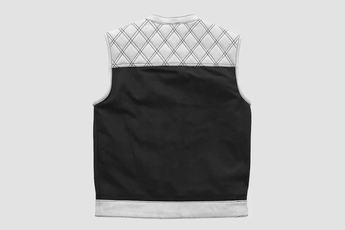 Men’s White and Black Leather Vest with Contrast Diamond Stitching - Image 2