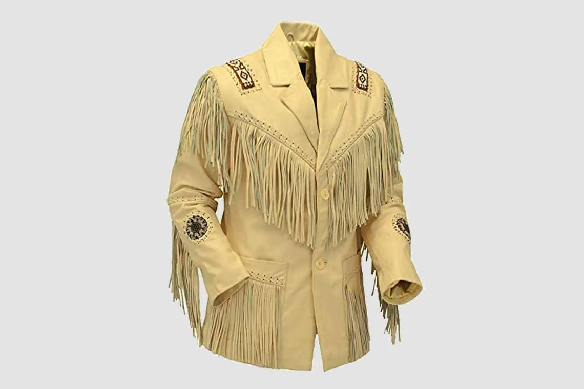 Men's beige genuine cowhide leather fringe jacket with embroidered shoulder panels and concho-style medallions