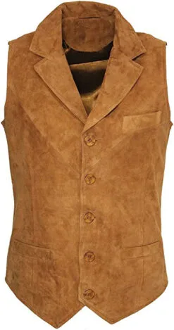 Brown Suede biker Vest With Notch Collar