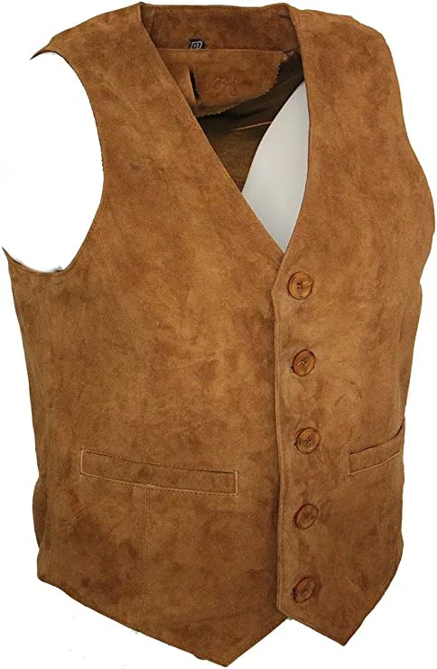 Men’s cognac brown suede leather vest with five-button front and welt pockets