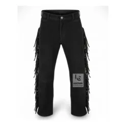 Men's black suede fringe pants with full-length side fringe and Western-inspired styling