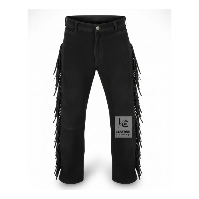 Men's black suede fringe pants with full-length side fringe and Western-inspired styling