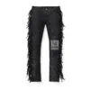 Men's black suede fringe pants with jeans-style pockets and full-length side fringe