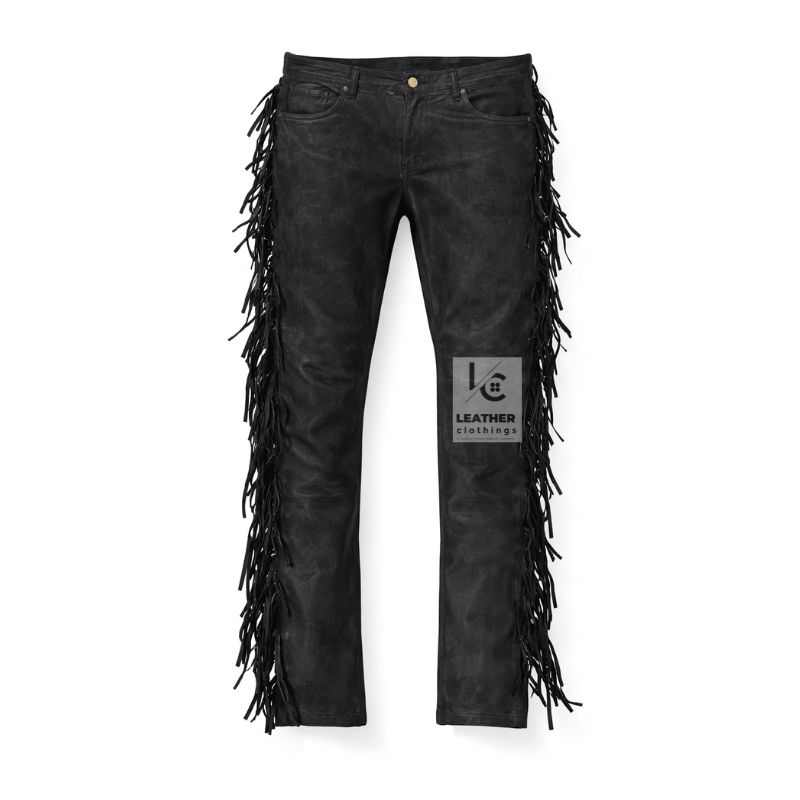Black Suede Fringe Pants - Jeans Style Western Leather Pants MSP22 Front Side