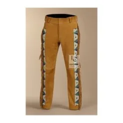 Brown Suede Leather Western Pant With Beads And Fringe MSP23B