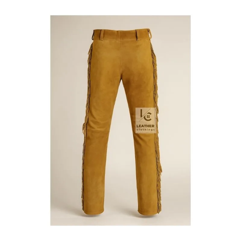 Brown Suede Leather Western Pant With Beads And Fringe MSP23B