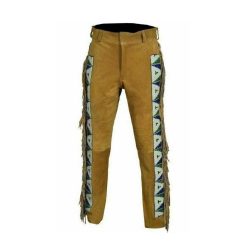 Brown Suede Leather Western Pant With Beads And Fringe | MSP23B
