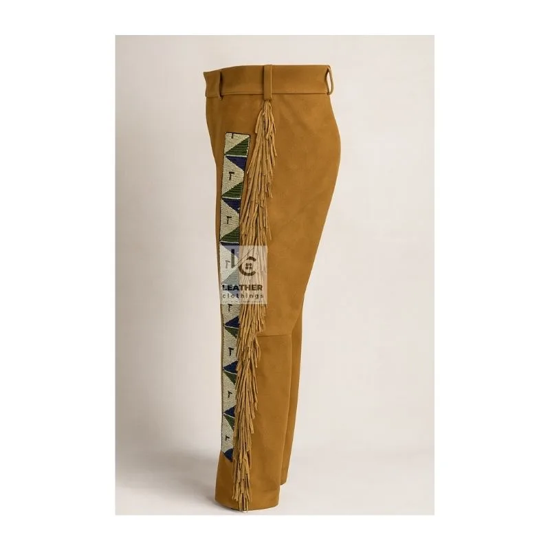 Brown Suede Leather Western Pant With Beads And Fringe MSP23B