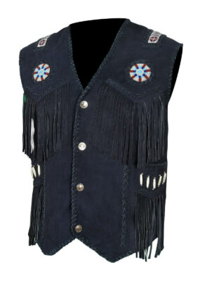 Cowboy Black Suede Western Vest American Indian Vest With Fringes Beads Bones SUV7