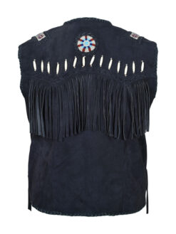 Cowboy Black Suede Western Vest American Indian Vest With Fringes Beads Bones SUV7