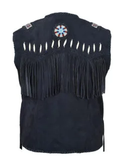 Cowboy Black Suede Western Vest American Indian Vest With Fringes Beads Bones SUV7