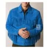 Men’s Blue suede fringe jacket with running stitch lacing and YKK zipper