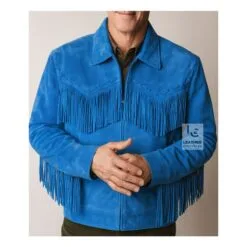 Men’s Blue suede fringe jacket with running stitch lacing and YKK zipper