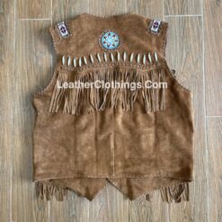 Cowboy Western Vest Brown Suede American Indian Vest With Fringes Beads Bones